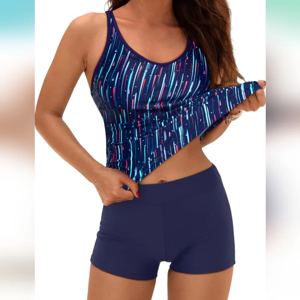 PLUS SIZE 2 Piece Blue Striped Tankini Set